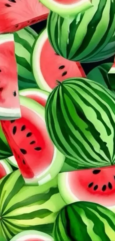 Vibrant watermelon slices and whole watermelons wallpaper.
