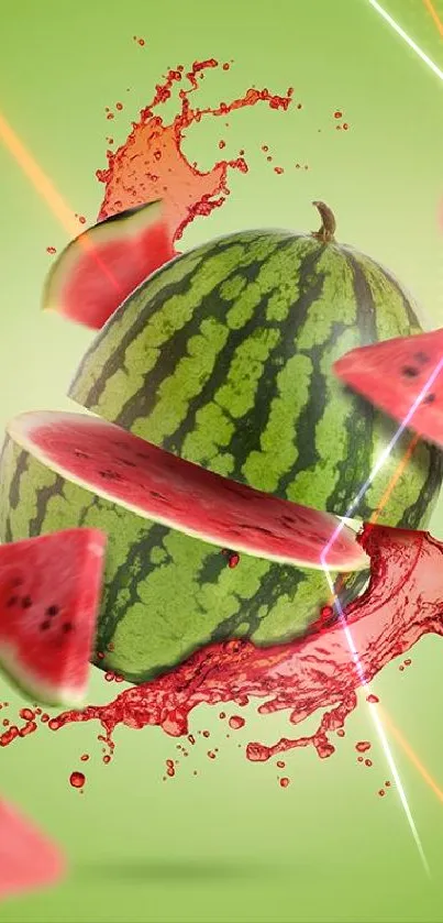 Vibrant watermelon splash on green background wallpaper.