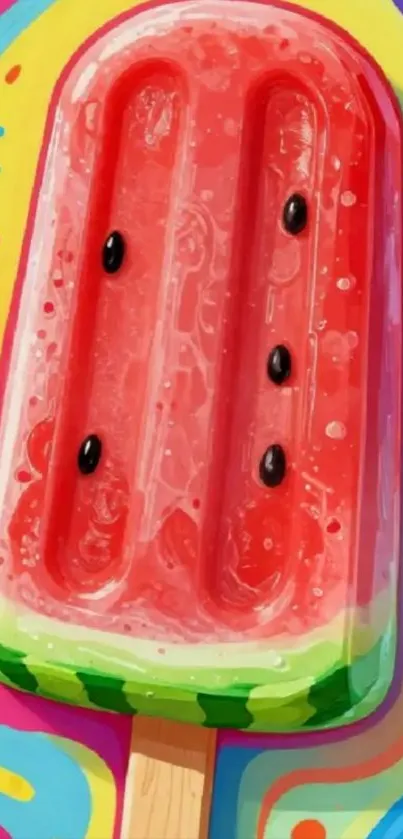 Vibrant watermelon popsicle art with colorful background.