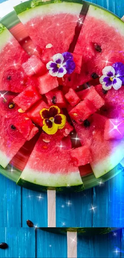 Colorful watermelon popsicle with flowers on a blue background.