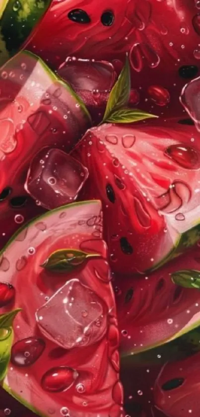 Watermelon slices with ice and seeds in vibrant design.