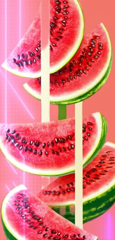 Watermelon slices on a pink background with neon accents.