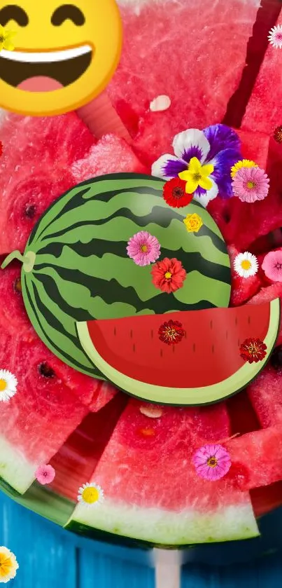 Vibrant watermelon and floral image with cheerful emoji.