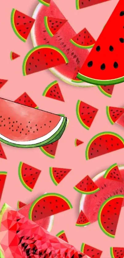 Playful watermelon slices on a pink background mobile wallpaper.