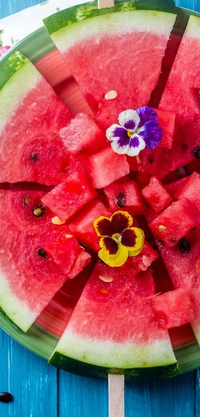 Watermelon slices with flowers on a blue wooden surface.