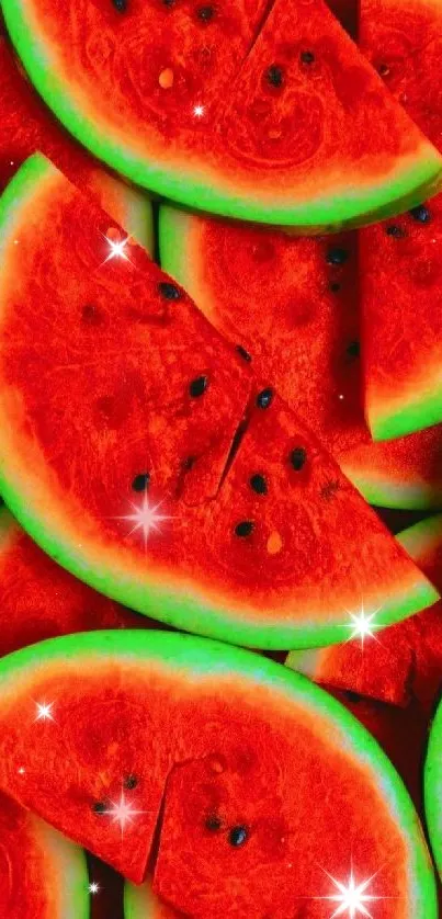 Close-up of vibrant watermelon slices in red and green hues.