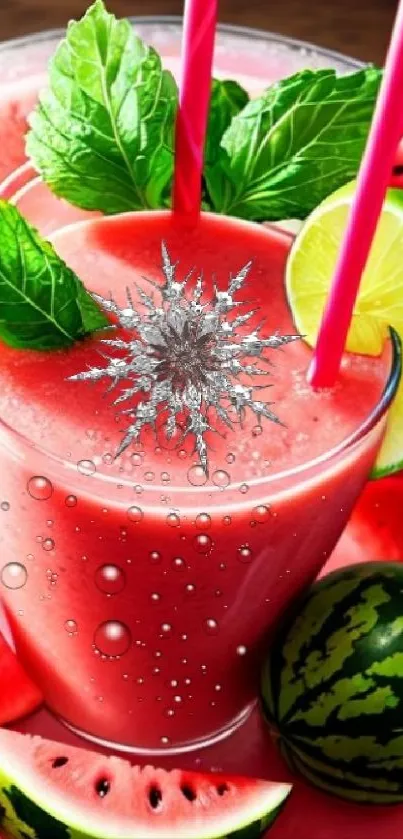 Watermelon smoothie with mint and lime, perfect mobile wallpaper.