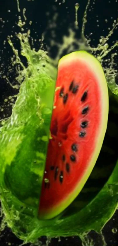 Dynamic watermelon slice with splash effect on dark background.