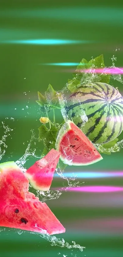 Watermelon slices with water splash on green background.