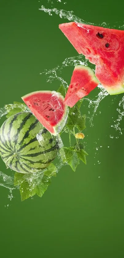 Mobile wallpaper with watermelon splash on green background.