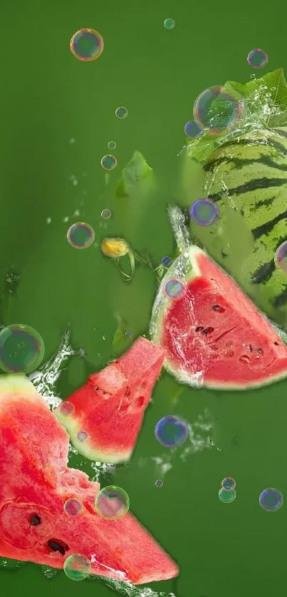 Vibrant watermelon slices splashing on green backdrop.