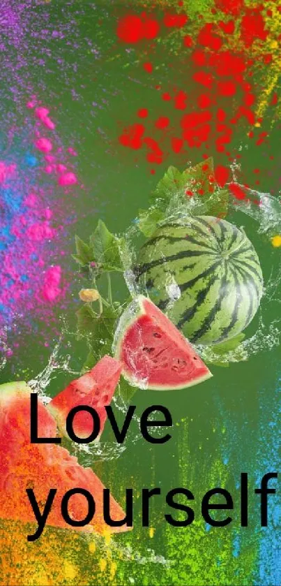 Vibrant watermelon splash with 'Love yourself' text on green background.