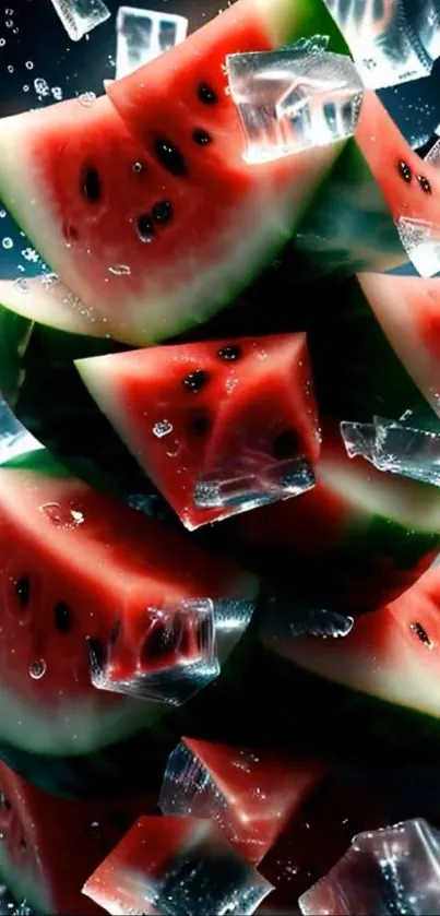 Watermelon slices with ice cubes splash creatively.