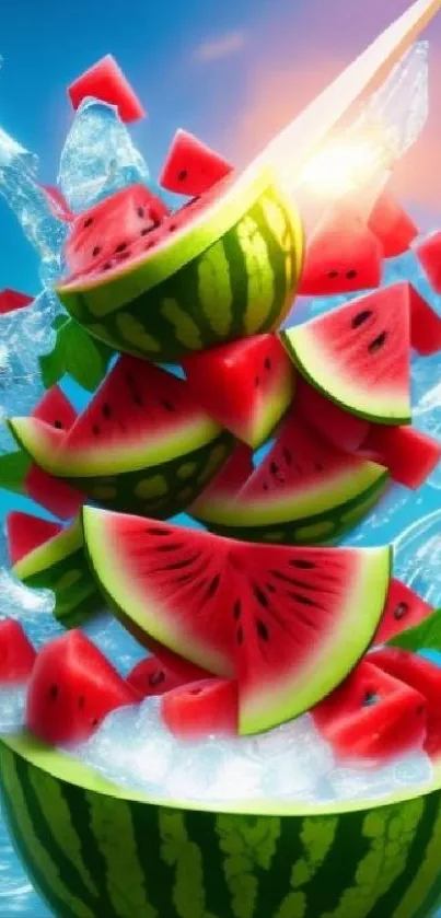 Colorful mobile wallpaper with watermelon slices and ice splash.