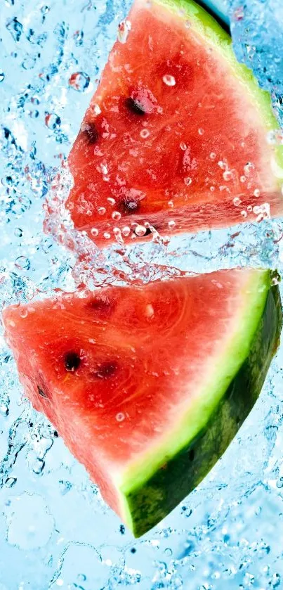 Two watermelon slices splash in vivid blue water background.