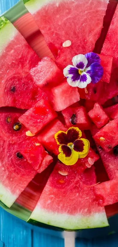 Colorful watermelon slices with flowers on a vibrant summer background.