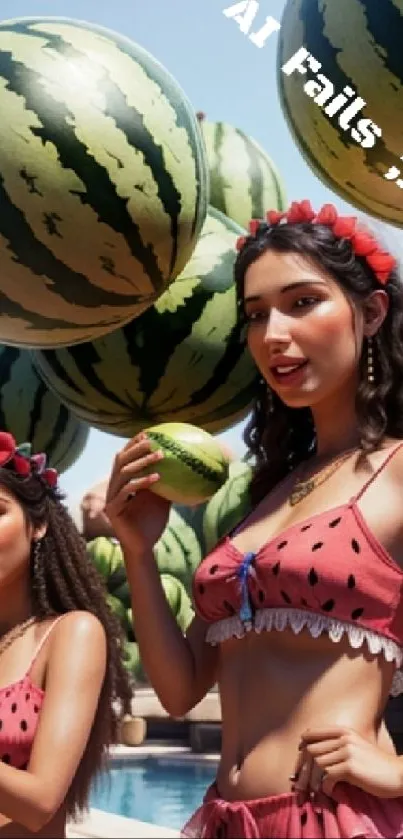 Women in watermelon outfits with green melons.