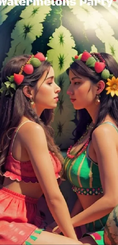 Two women in colorful attire sit by large watermelon decorations.