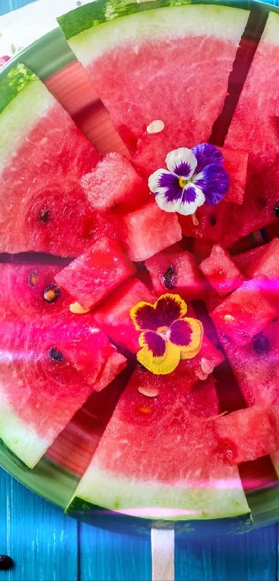 Vibrant watermelon slices with flowers, perfect summer wallpaper.