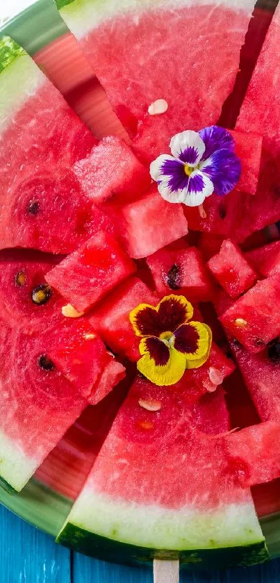 Vibrant sliced watermelon with colorful flowers on a plate.