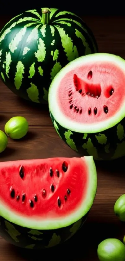 Sliced watermelon with green grapes on a wooden table.