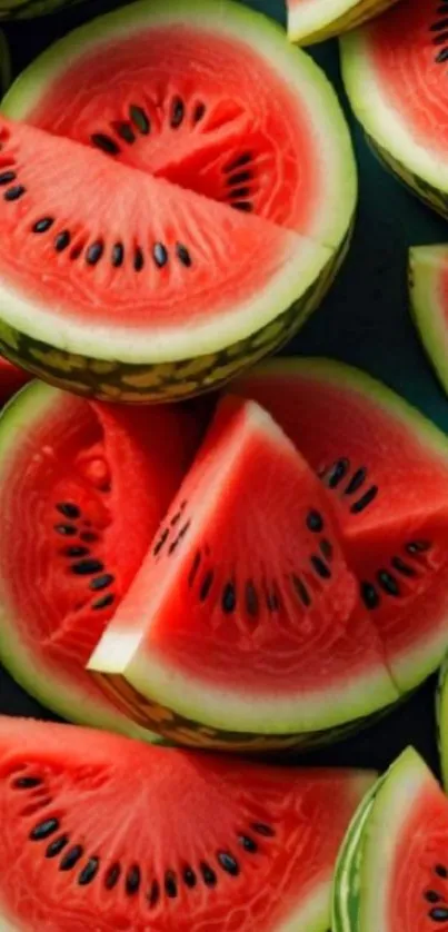 Sliced watermelons arranged closely, showcasing vibrant colors.