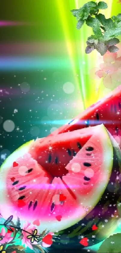 Vibrant watermelon wallpaper with floral and green accents.