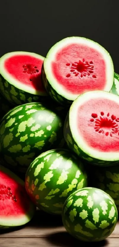 Vibrant watermelons piled artistically on a wooden table with green and pink hues.