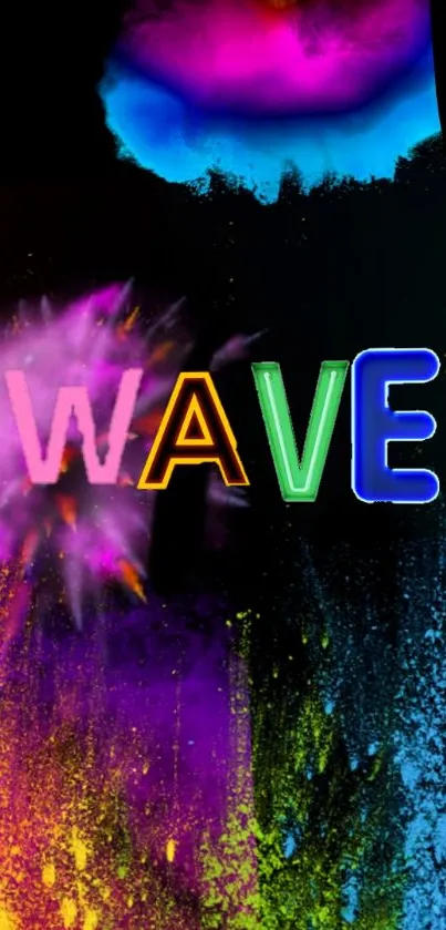 Neon WAVE text with colorful bursts on black background.