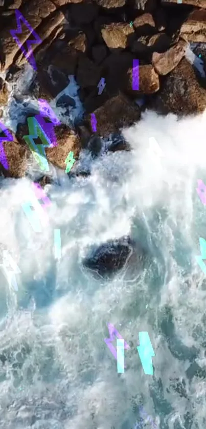 Aerial view of ocean waves with colorful lightning art.