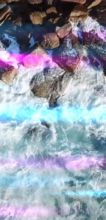 Vibrant waves with purple and blue hues crashing on rocky shore.