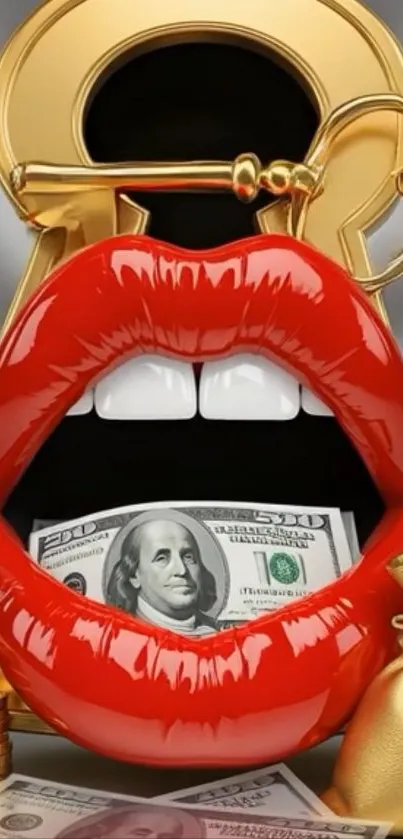 Red lips with dollar bill in a gold key setting.