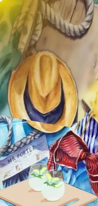Artistic wallpaper with hats, ropes, and drinks.