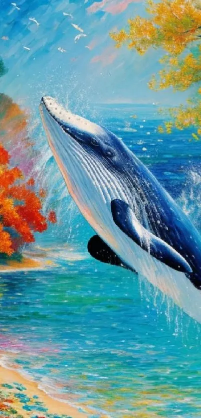 Whale jumping in colorful ocean artwork with autumn leaves.