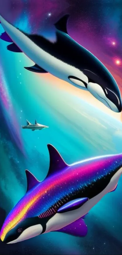 Vibrant cosmic wallpaper with colorful whales swimming in space.