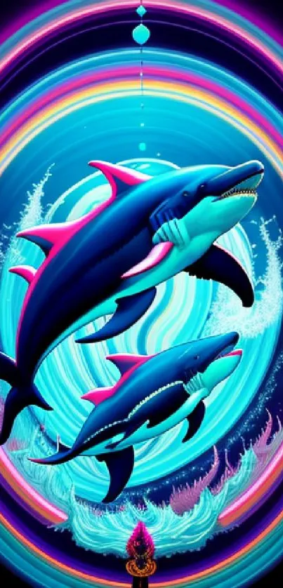 Artistic wallpaper with vibrant whales swimming in colorful ocean swirls.