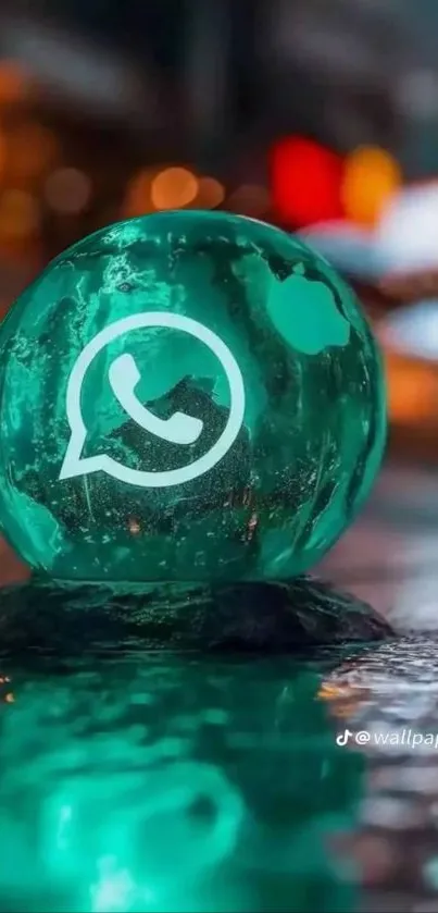 A glowing WhatsApp icon inside a teal glass sphere on a city street.