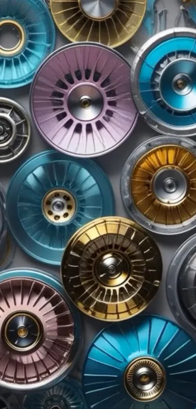 Colorful wheel pattern wallpaper with metallic hues.