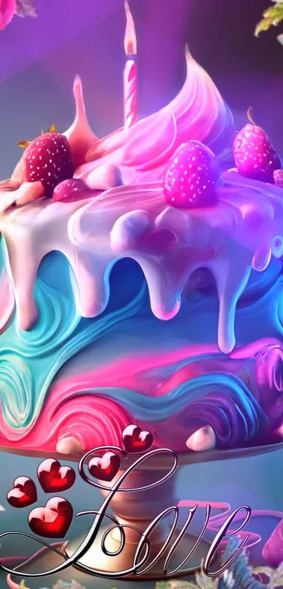 Whimsical cake with pastel swirls and strawberries on a plate