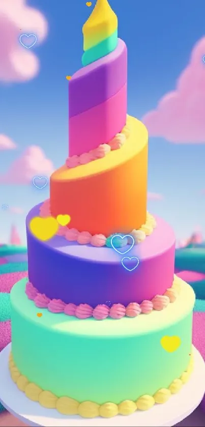 Colorful whimsical cake art with a vibrant spiral in a fantasy landscape.