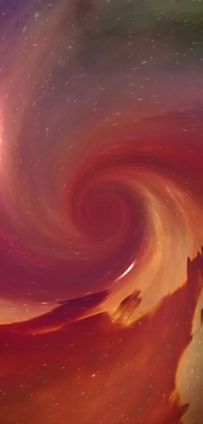 Vibrant whirlwind with red and purple swirls creating an abstract cosmic design.