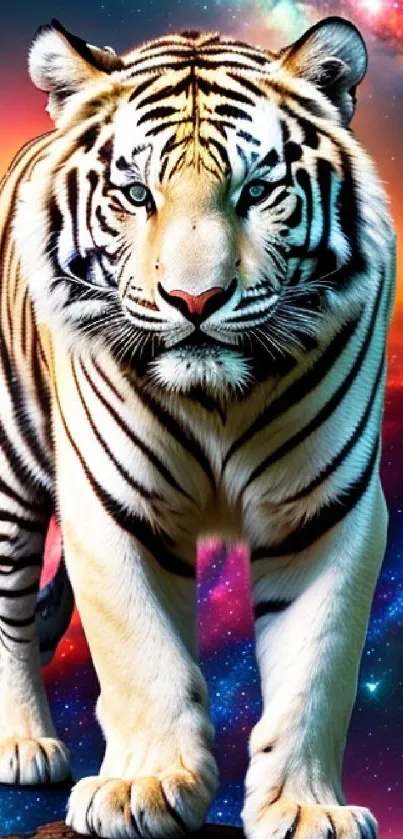 Majestic white tiger against a vibrant cosmic galaxy background.