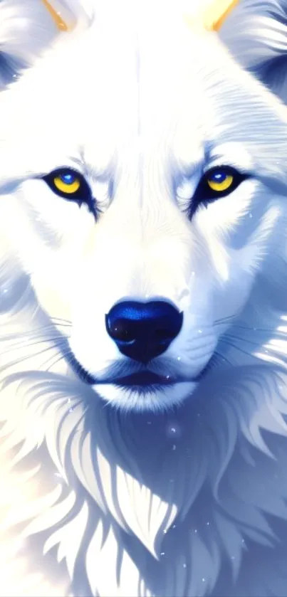 Artistic white wolf with vivid yellow eyes in a digital illustration.