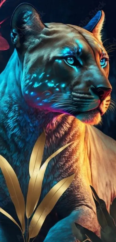 Luminescent wild cat with vibrant colors in nature-inspired digital art.