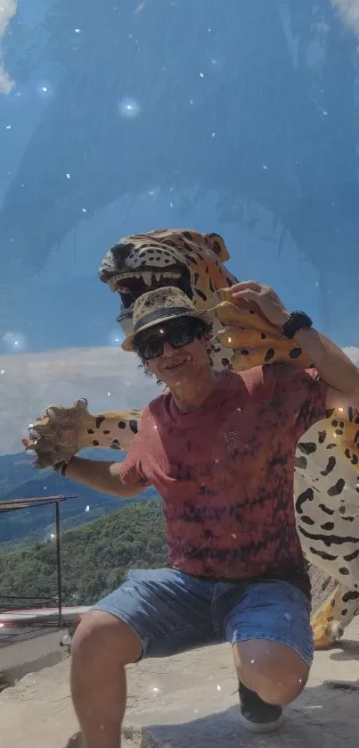 Person posing with jaguar statue under a bright blue sky.