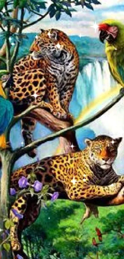 Colorful jungle scene with leopards and parrots in lush greenery.