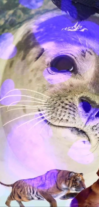 Seal with tiger and dog in purple themed wallpaper.