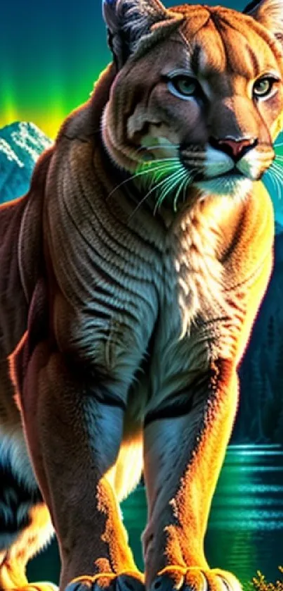 Mountain lion with glowing auroras and mountain backdrop in wallpaper