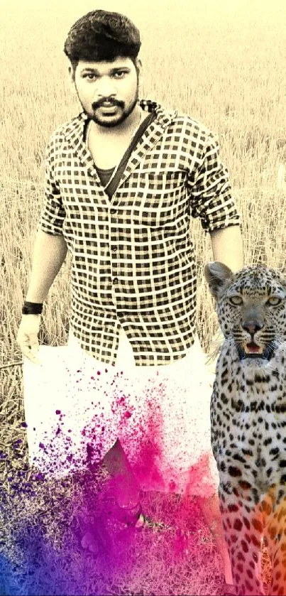 Person with leopard and colorful art design in a field wallpaper.