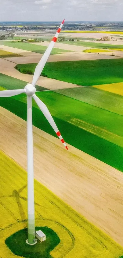 Aerial view of vibrant green and yellow fields with wind turbines.